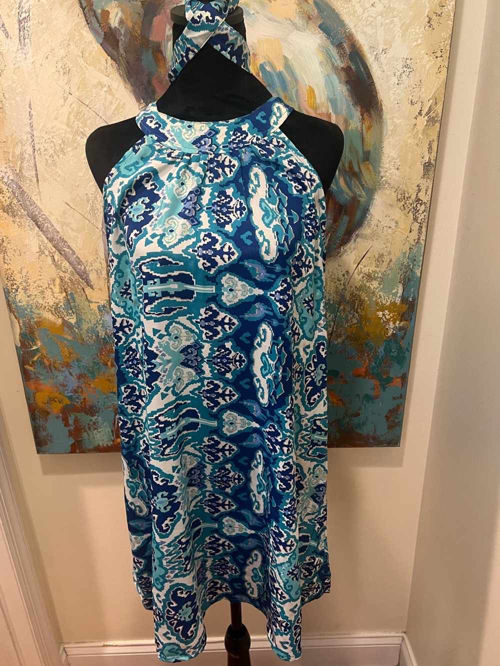 Eva Collection Santorini Greece Silk Blend Halter Shift Dress M - Picture 4 of 16